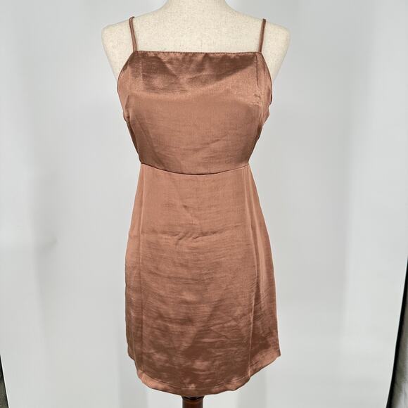 Topshop Satin Bronze Mini Strappy Backless Square Neck New Dress Womens - Picture 2 of 7